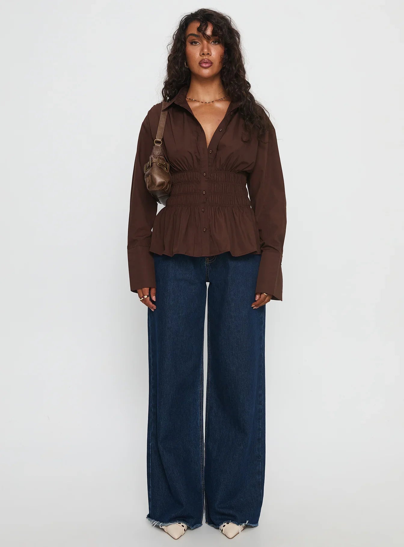 As You Are Shirred Button Up Top Chocolate