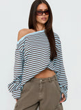 Settle Down One Shoulder Long Sleeve Top Chocolate Blue Stripe