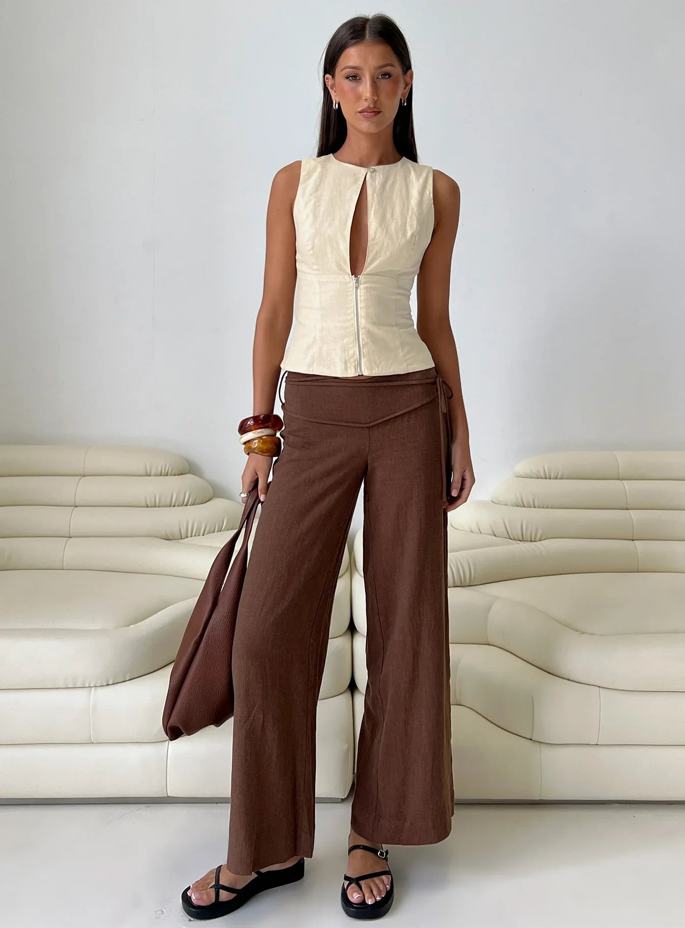 Silver Moon Linen Blend Tie Pants Brown