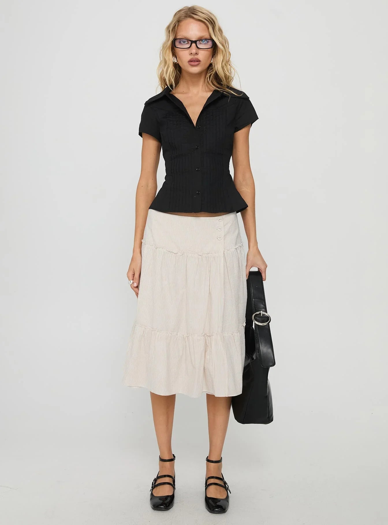 Cascades Low Rise Midi Skirt Beige White Stripe