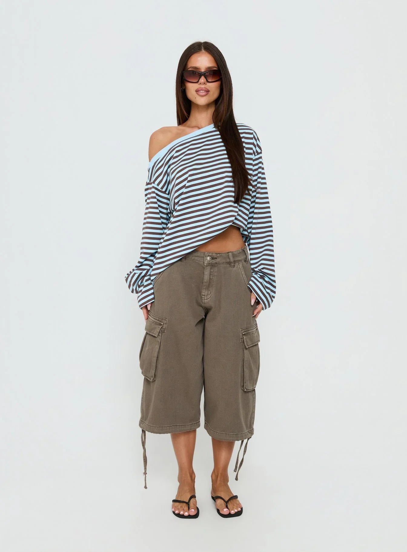 Settle Down One Shoulder Long Sleeve Top Chocolate Blue Stripe