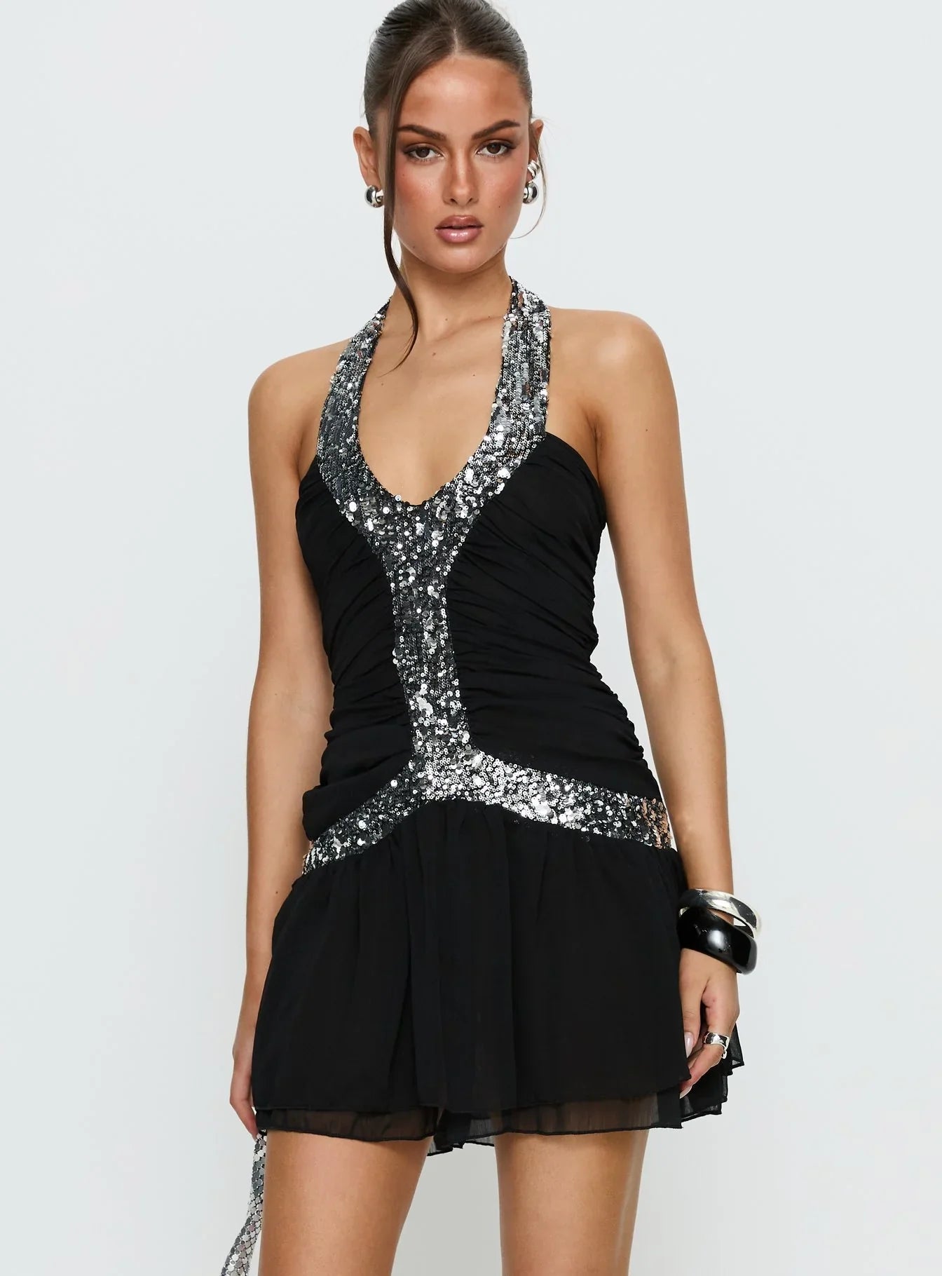 Aisleigh Sequin Halter Mini Dress Black Silver