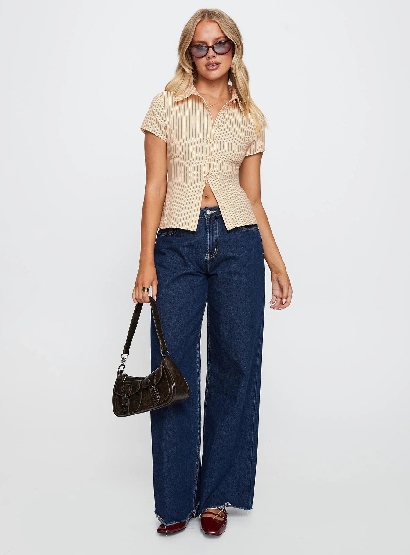 Lift Off Button Up Top Cream Navy Stripe
