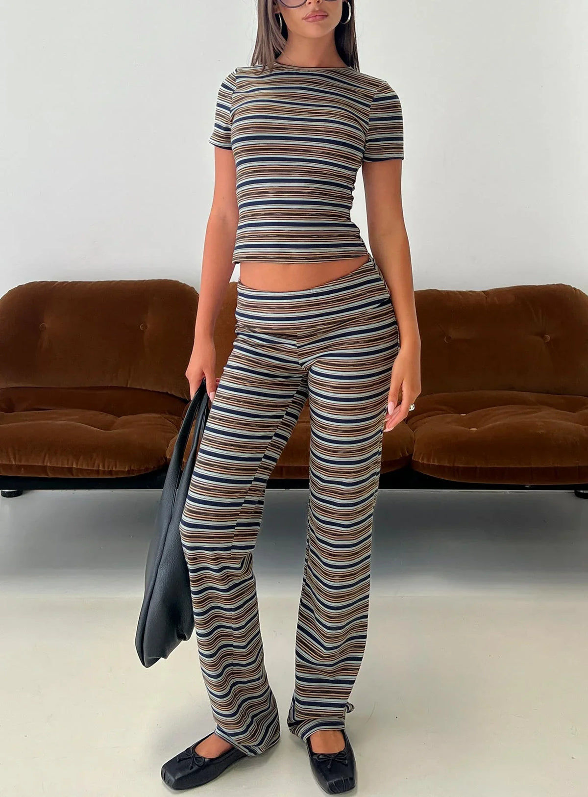 Manolo Foldover Pants Brown Grey Stripe
