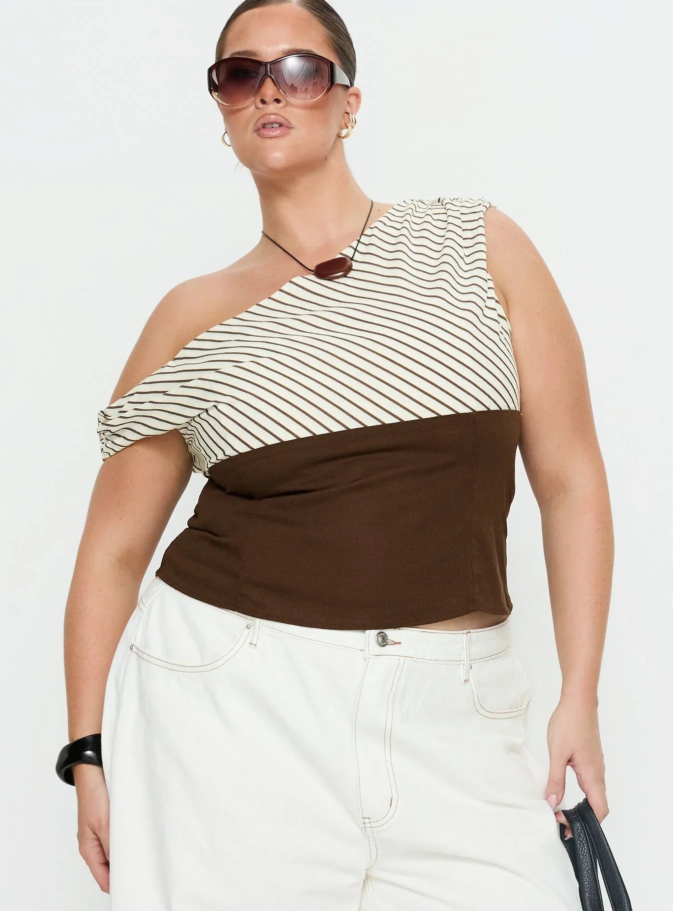 Past Life One Shoulder Top Brown Stripe Curve