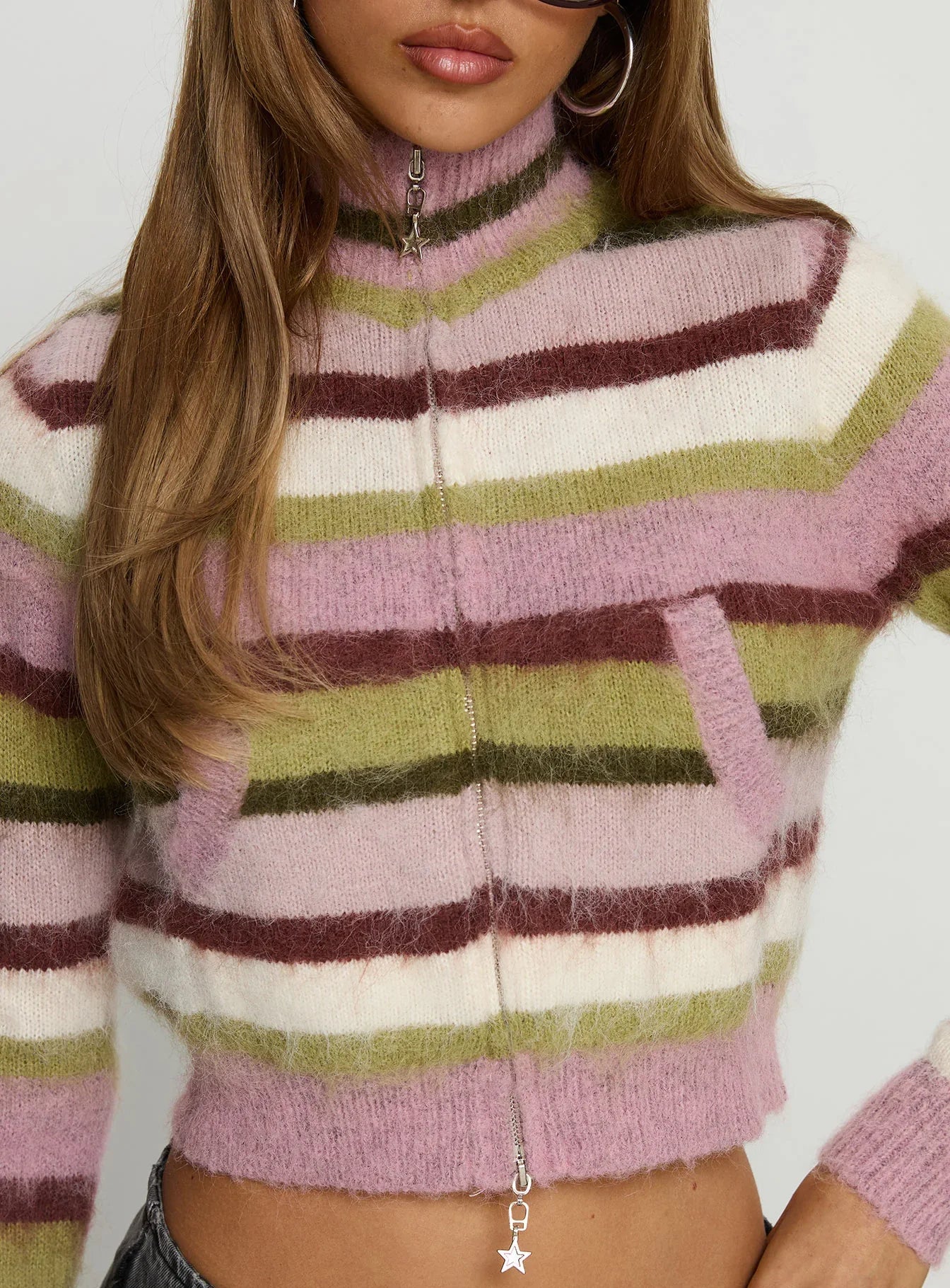 Keeva Zip Through Knit Jumper Pink Green Stripe