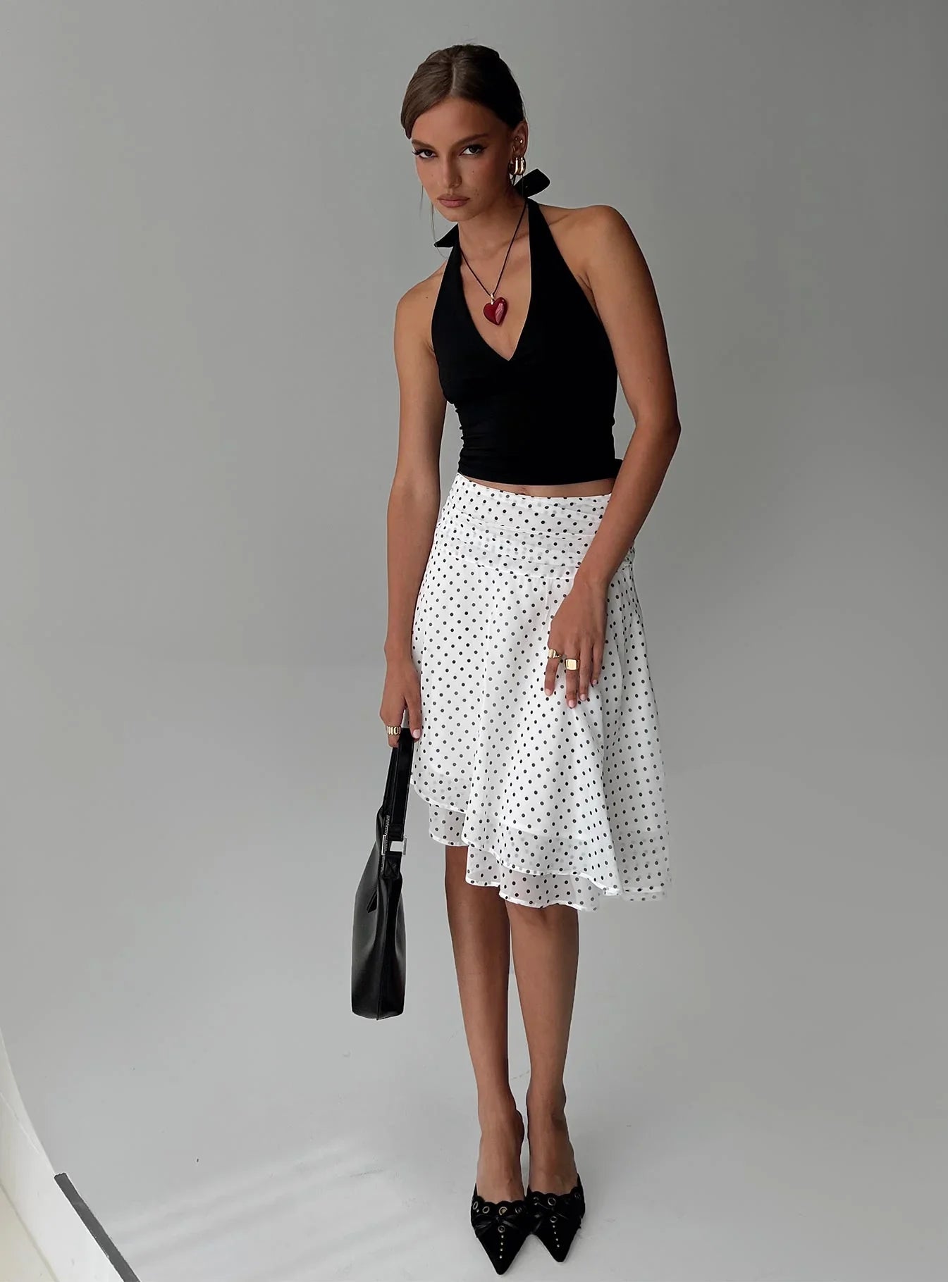Evanescence Asymmetrical Midi Skirt White Polka Dot