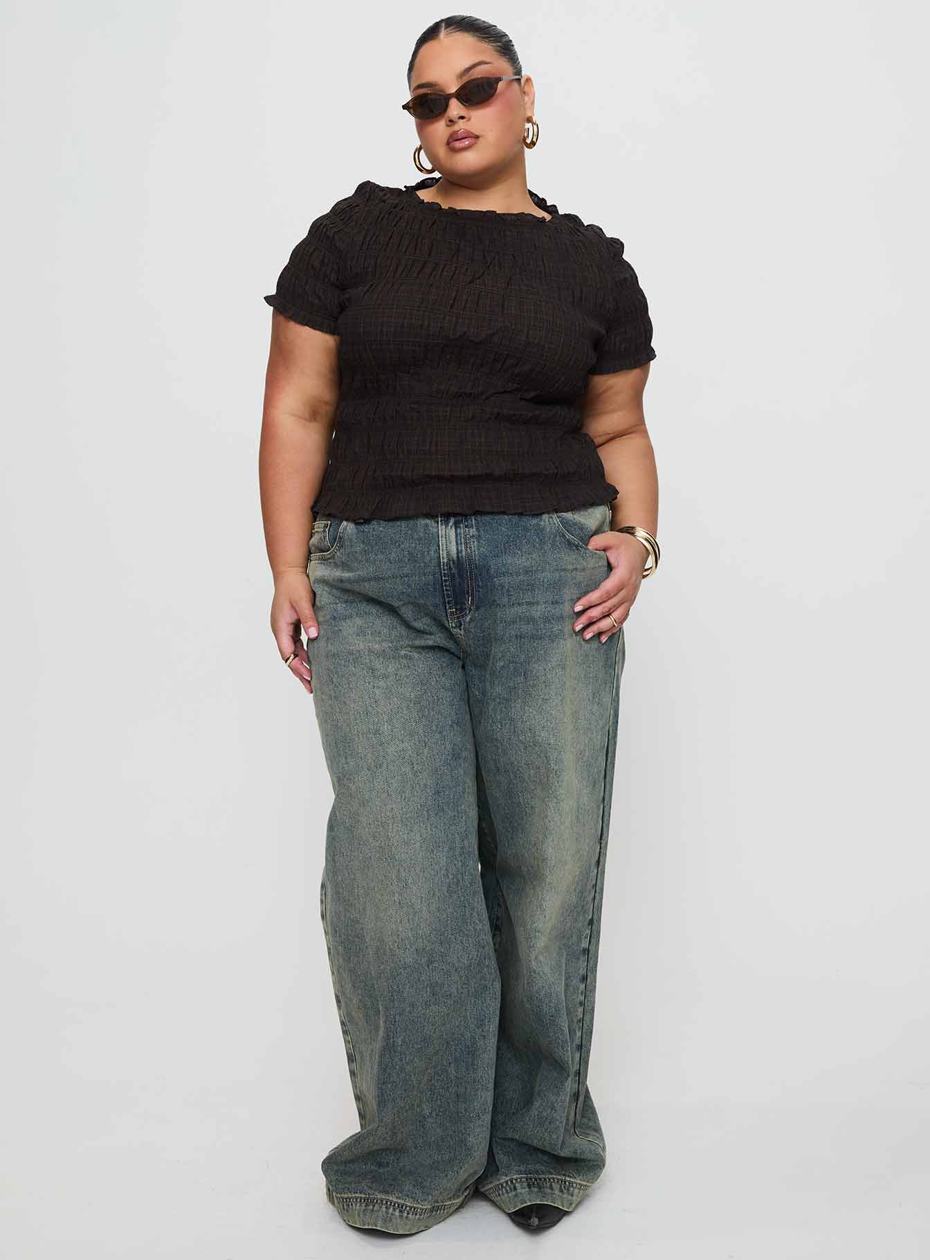 Romelle Shirred Top Black Brown Plaid