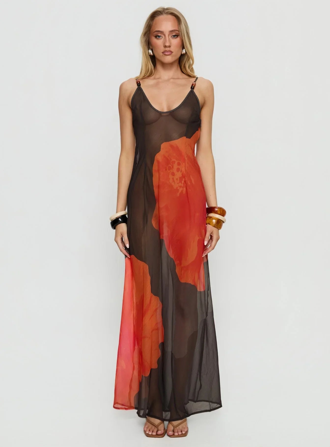 Carita Sheer Chiffon Maxi Dress Brown Orange Floral