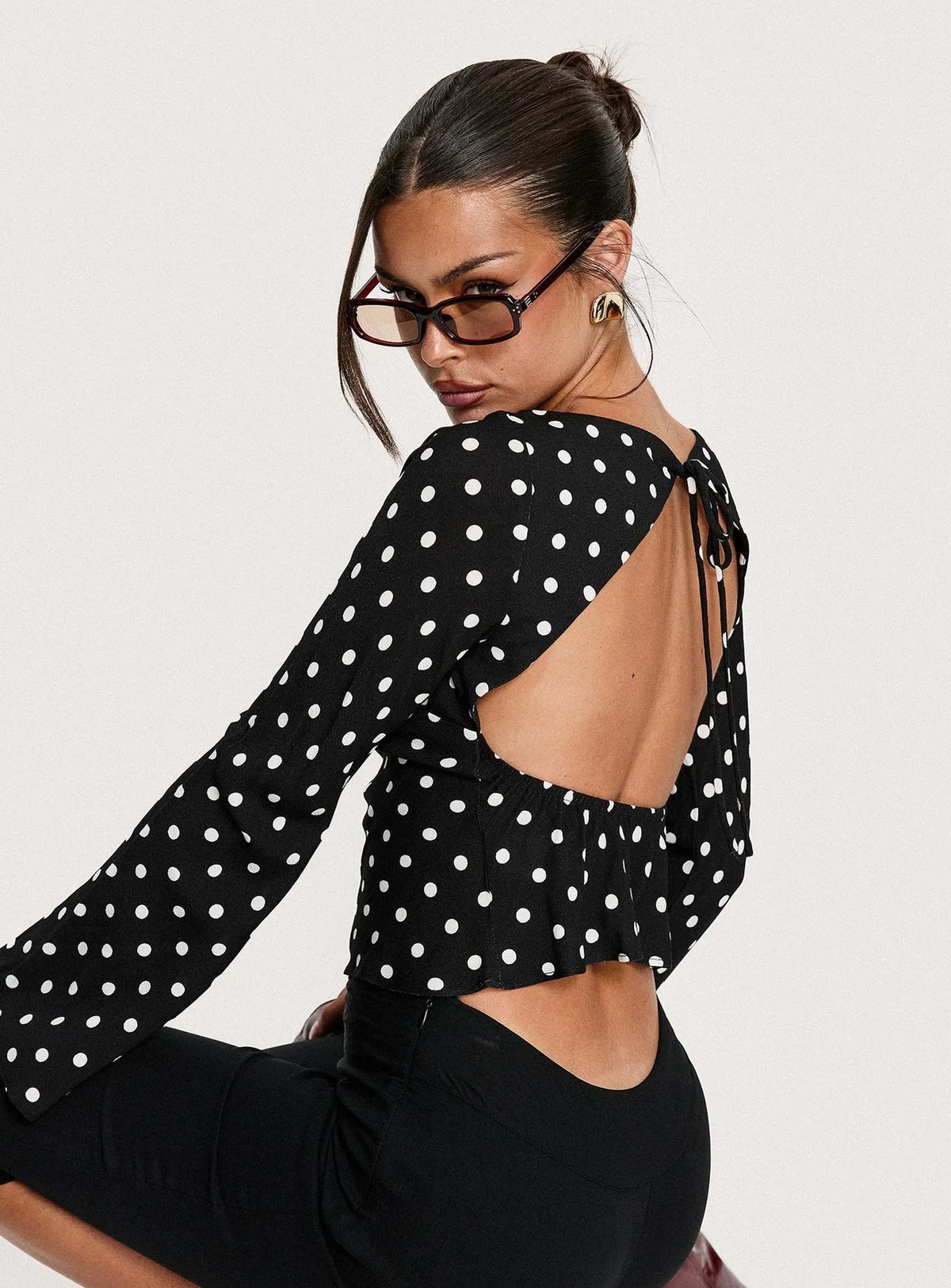 Lady Lady Long Sleeve Backless Top Black White Polka