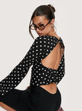 Lady Lady Long Sleeve Backless Top Black White Polka