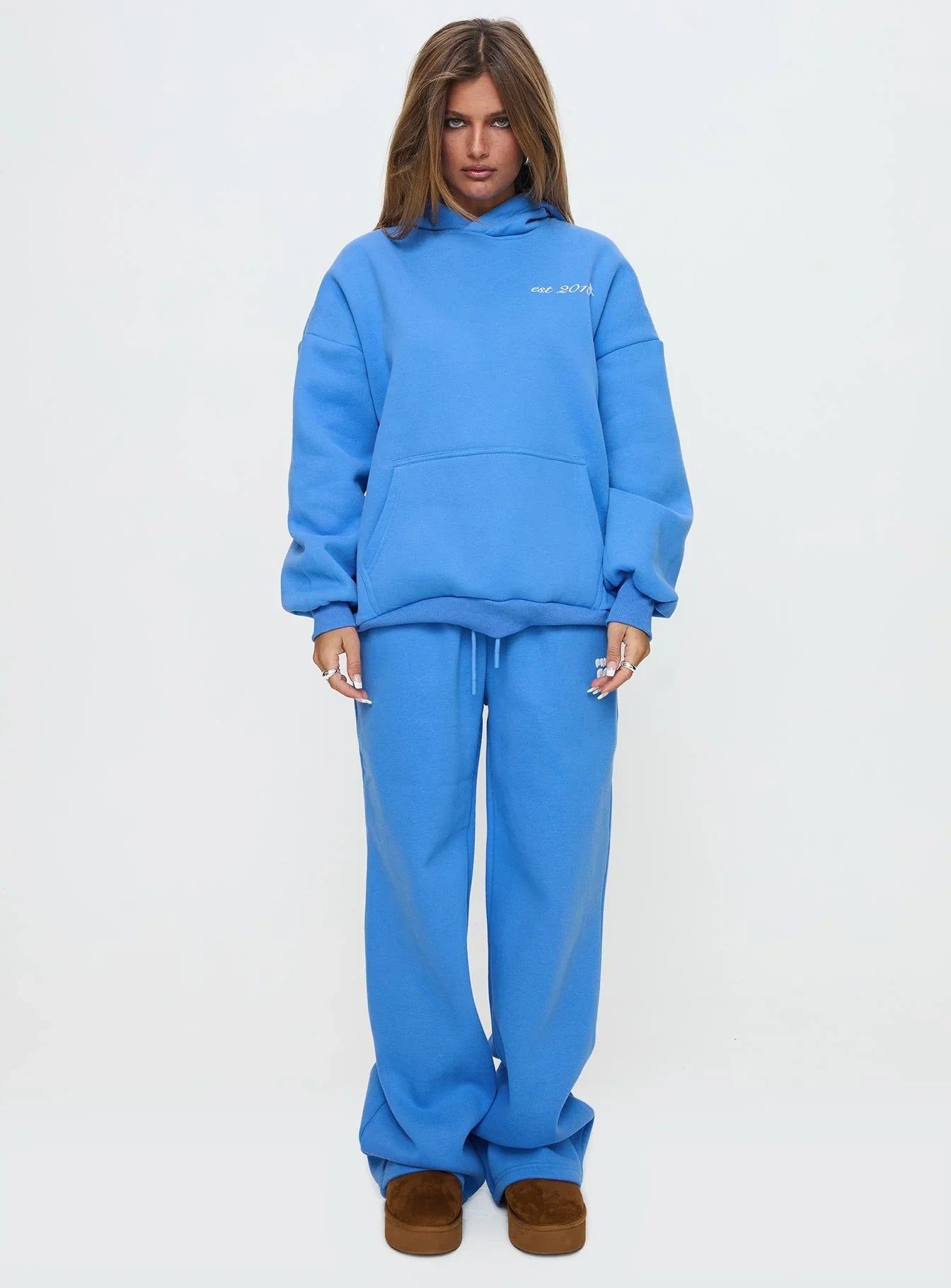 Princess Polly Hooded Sweatshirt Bubble Text Blue White