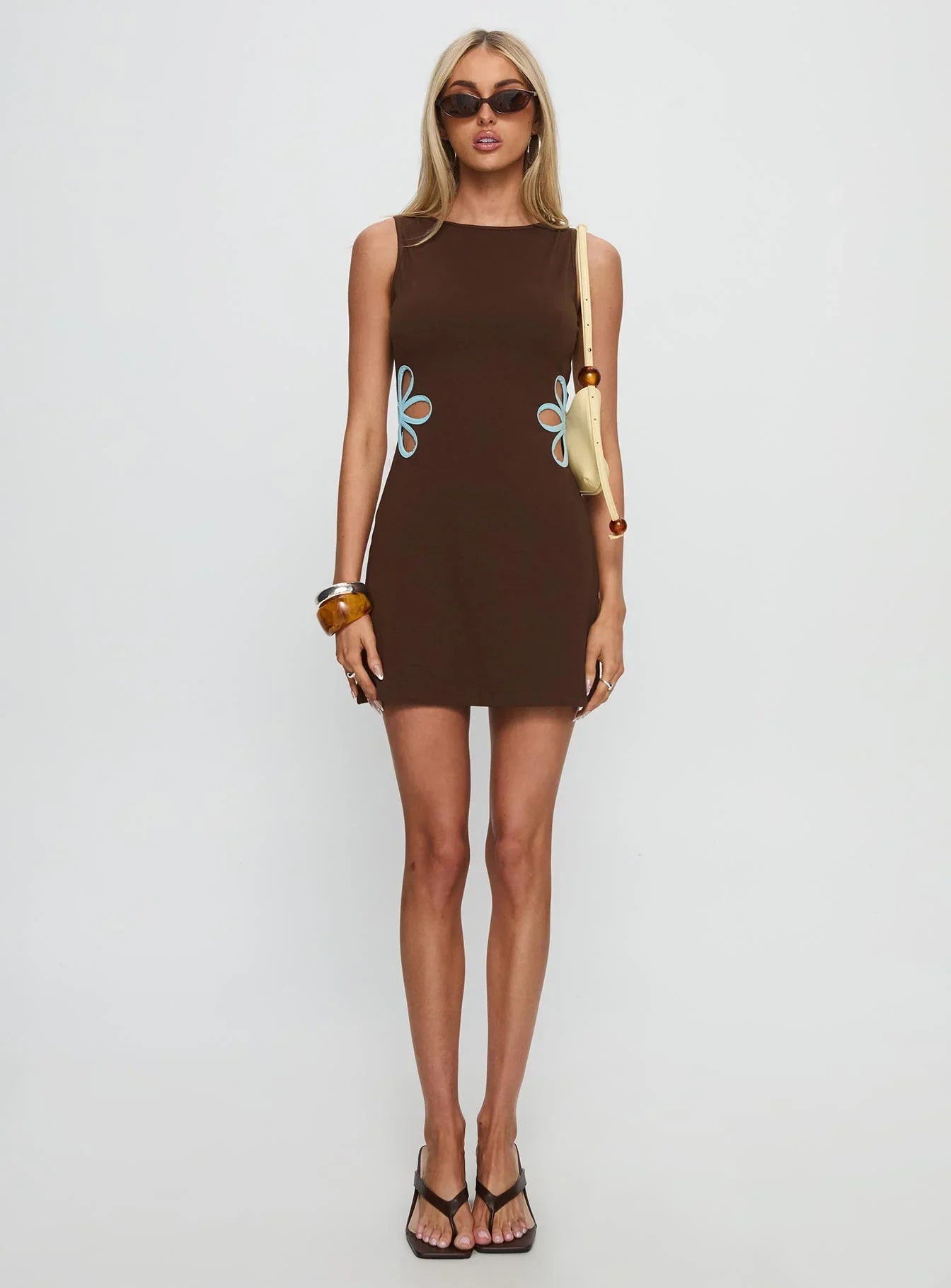Shelbi Keyhole Boatneck Mini Dress Brown Blue