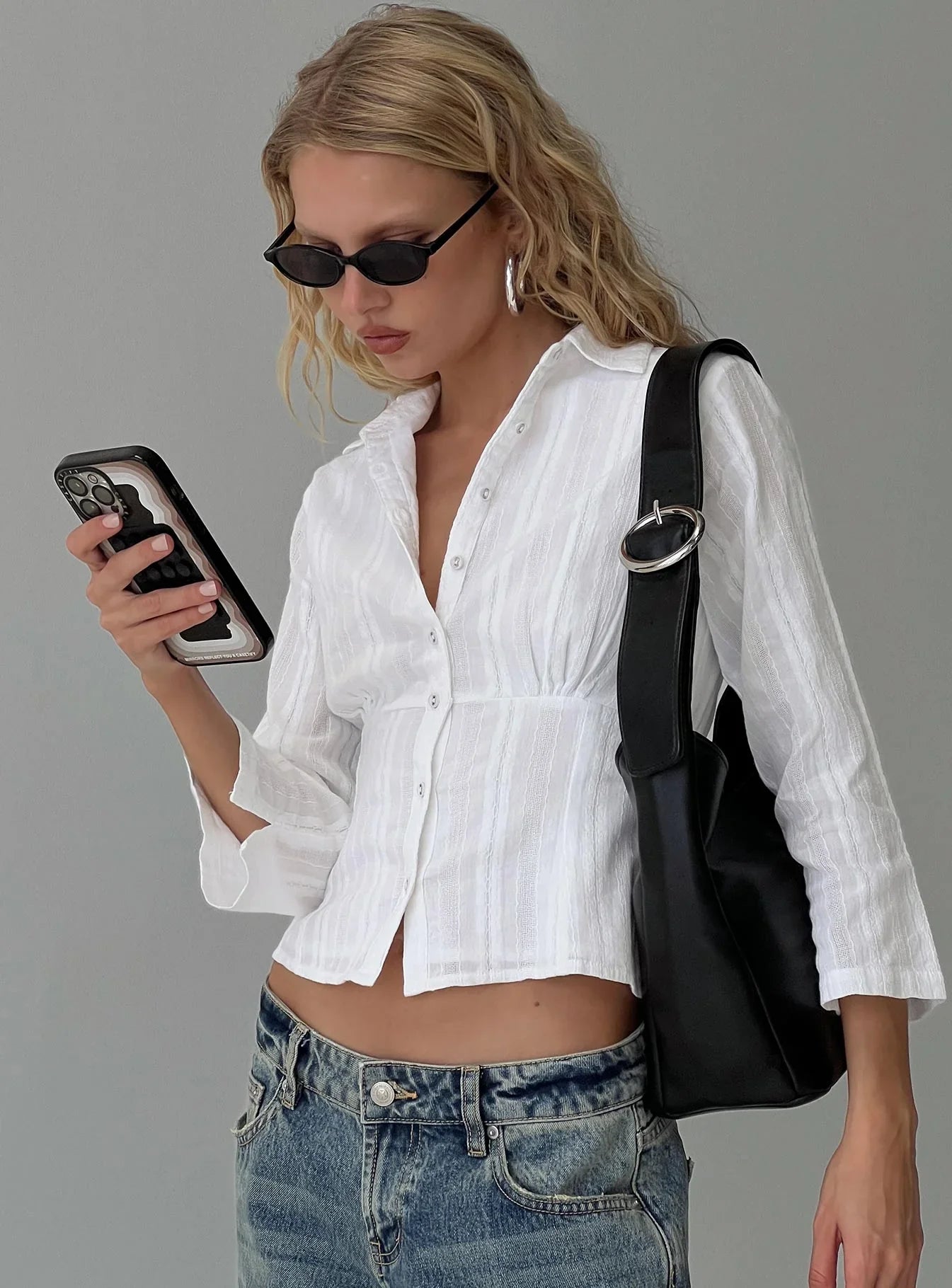 Taelynn 3 4 Sleeve Button Up Shirt White