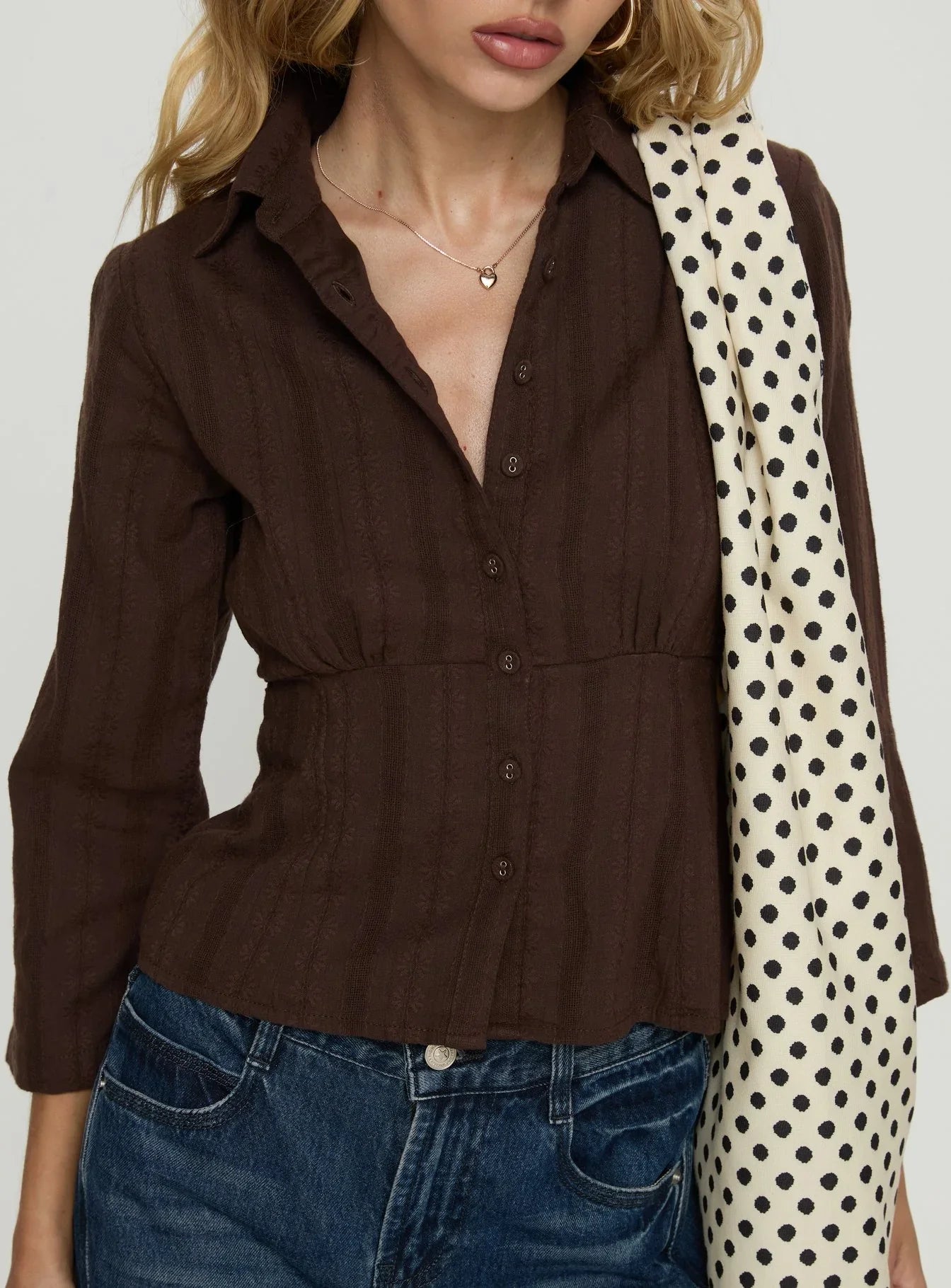 Taelynn 3 4 Sleeve Button Up Shirt Chocolate