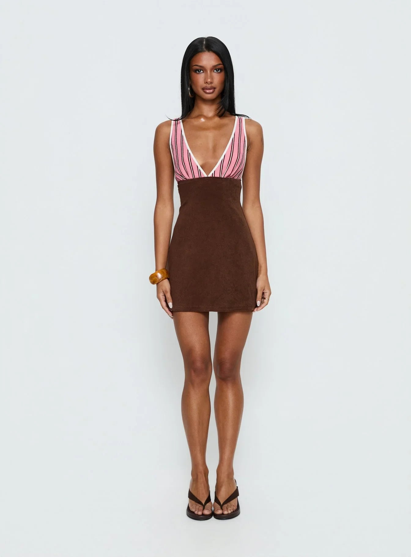 Aydenn Contrast Plunge Mini Dress Pink Brown