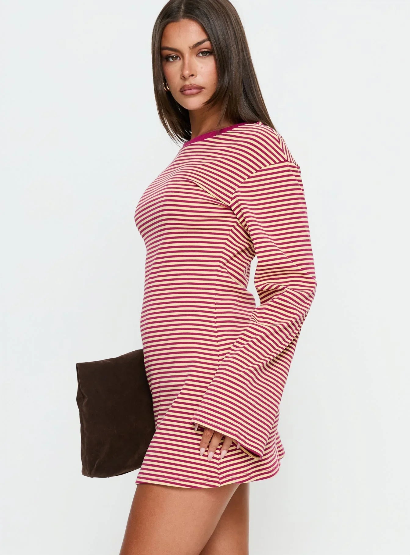 Lulolah Long Sleeve Mini Dress Lemon Burgundy Stripe