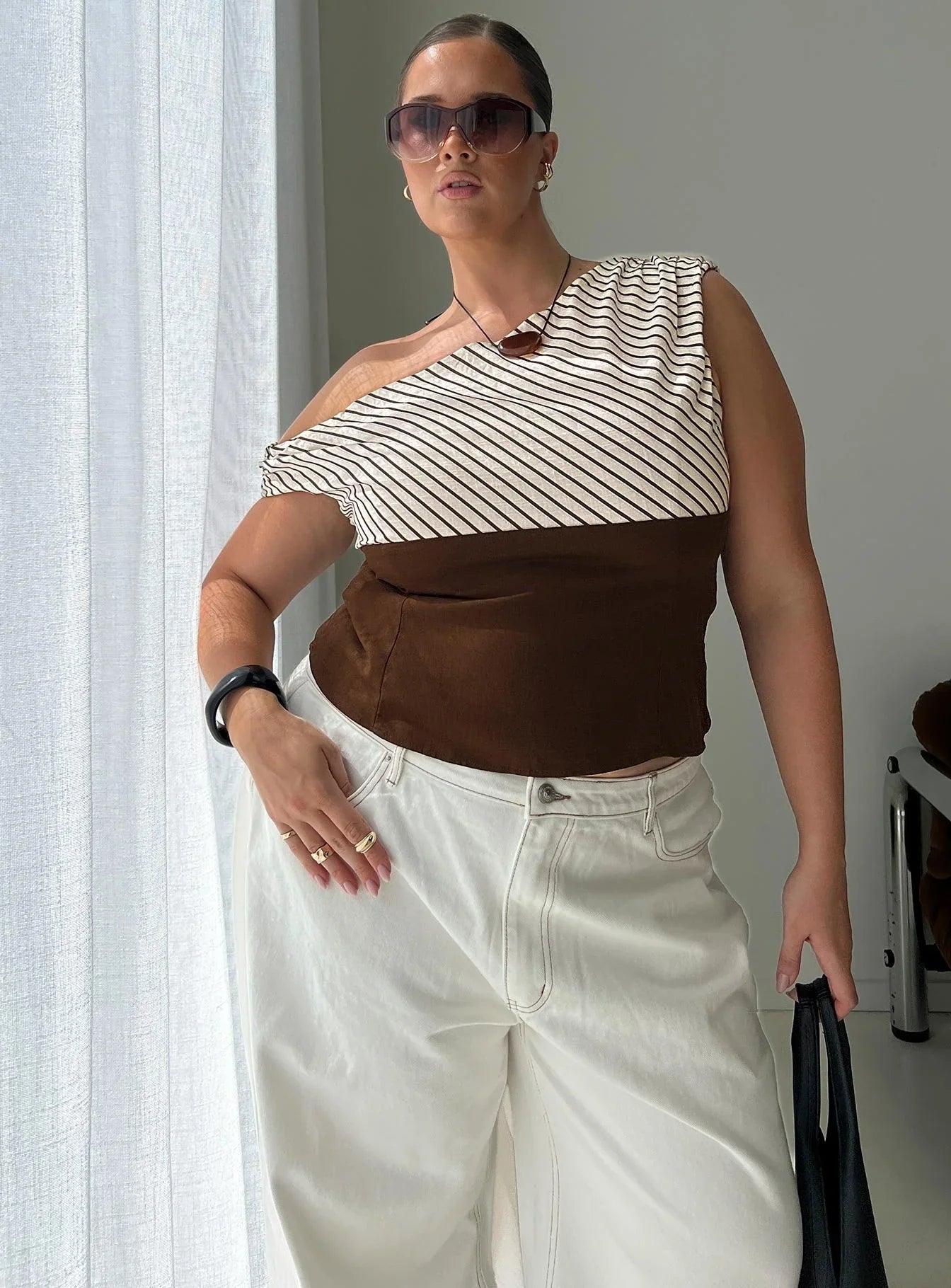 Past Life One Shoulder Top Brown Stripe Curve