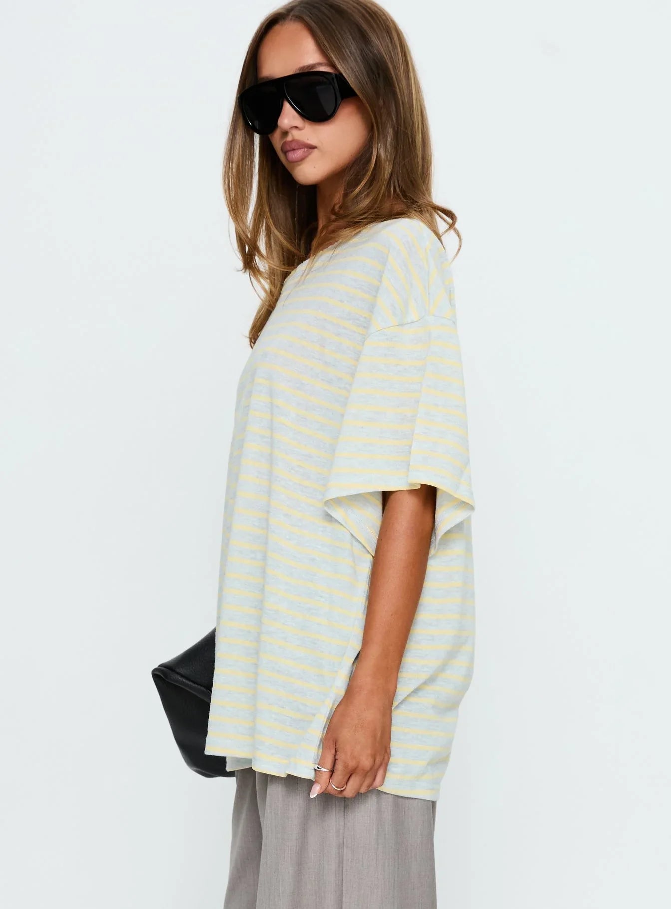 Winny Off Shoulder Tee Grey Marle Lemon Stripe