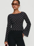 Lady Lady Long Sleeve Backless Top Black White Polka