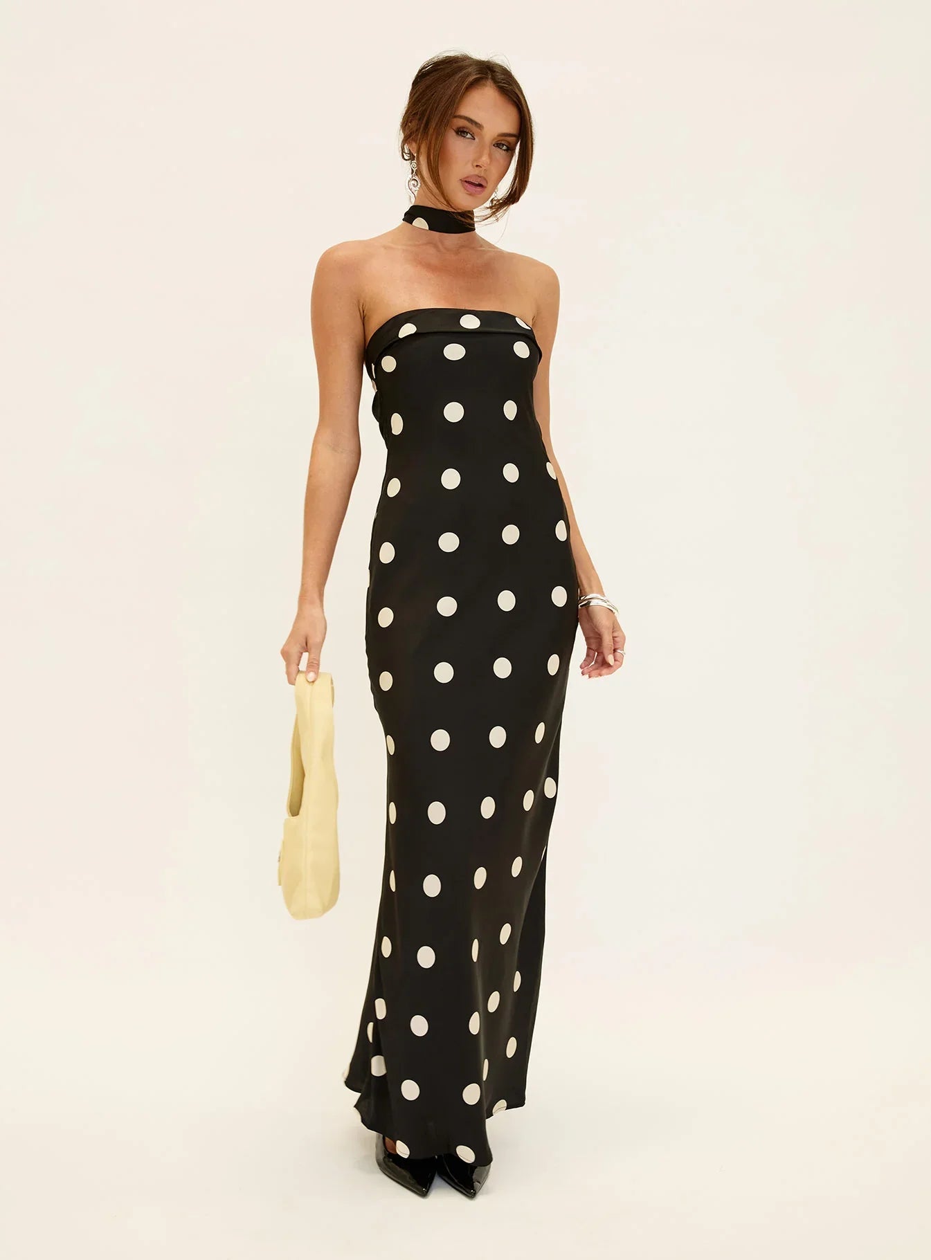 Madilaine Strapless Scarf Maxi Dress Black Polka Dot