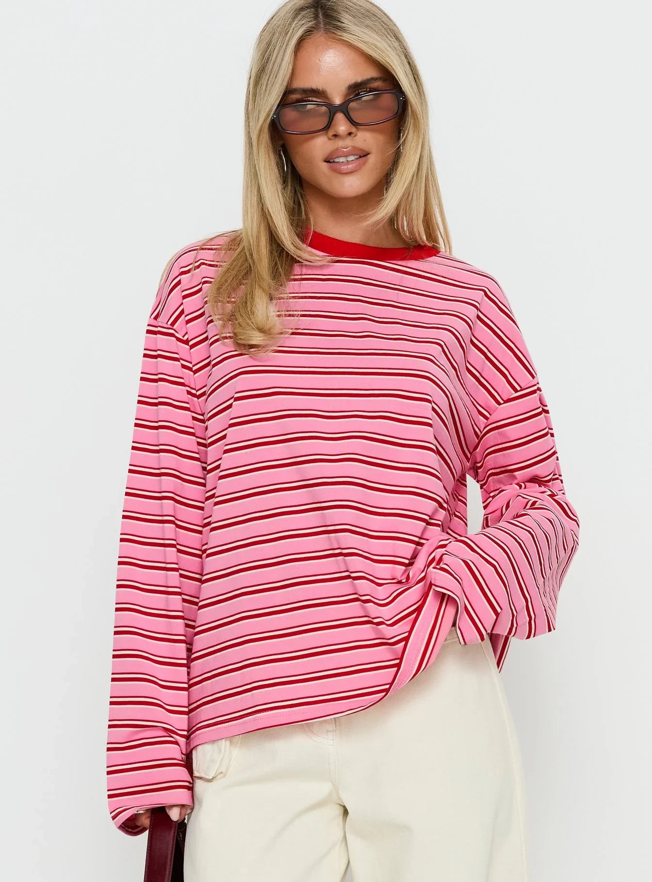 Settle Down Long Sleeve Top Pink Red Stripe