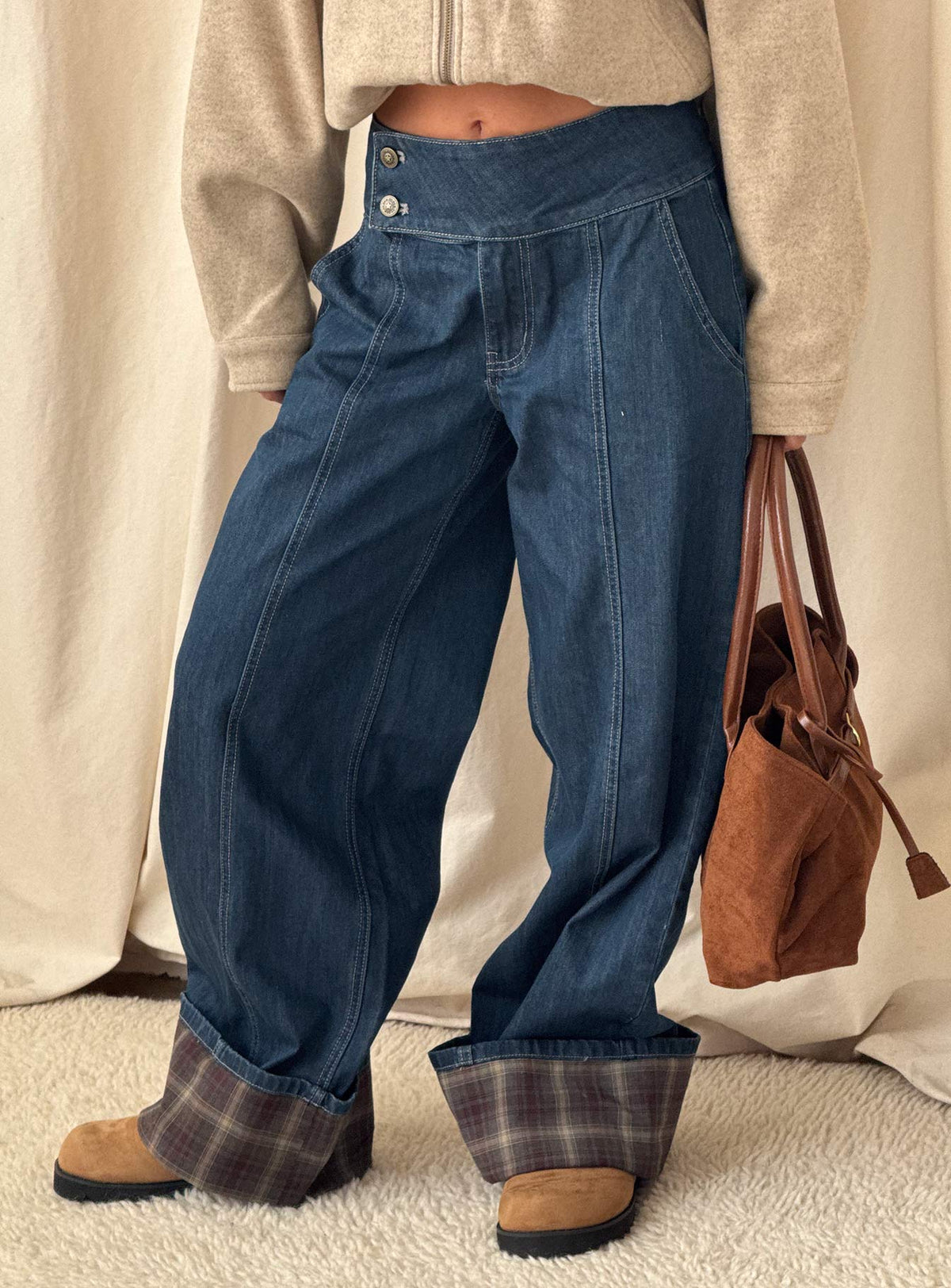 Nikoletta Foldover Jeans Dark Wash Check