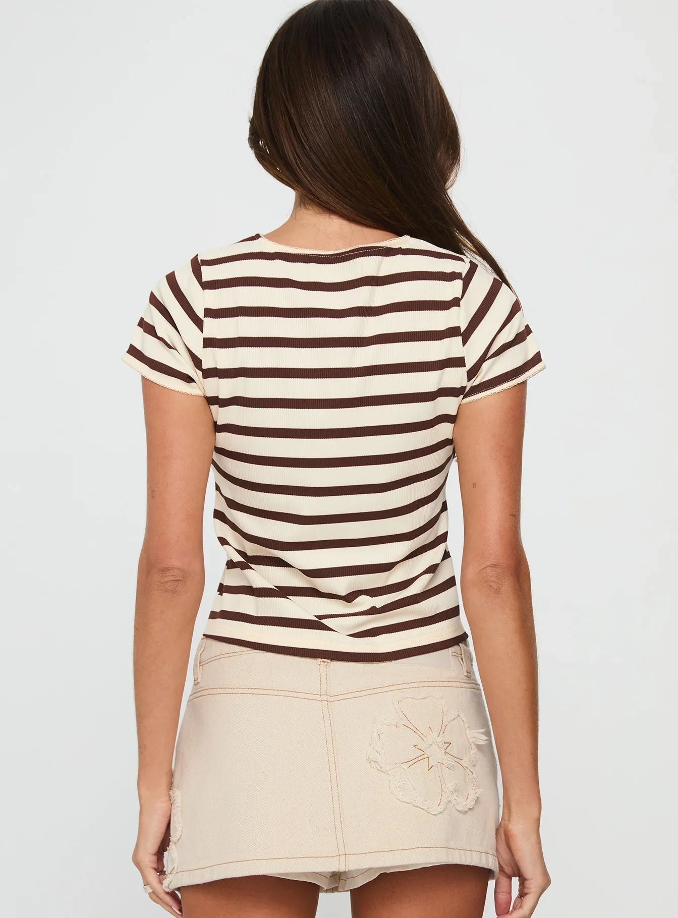 Marvella Button Up Top Beige Brown Stripe
