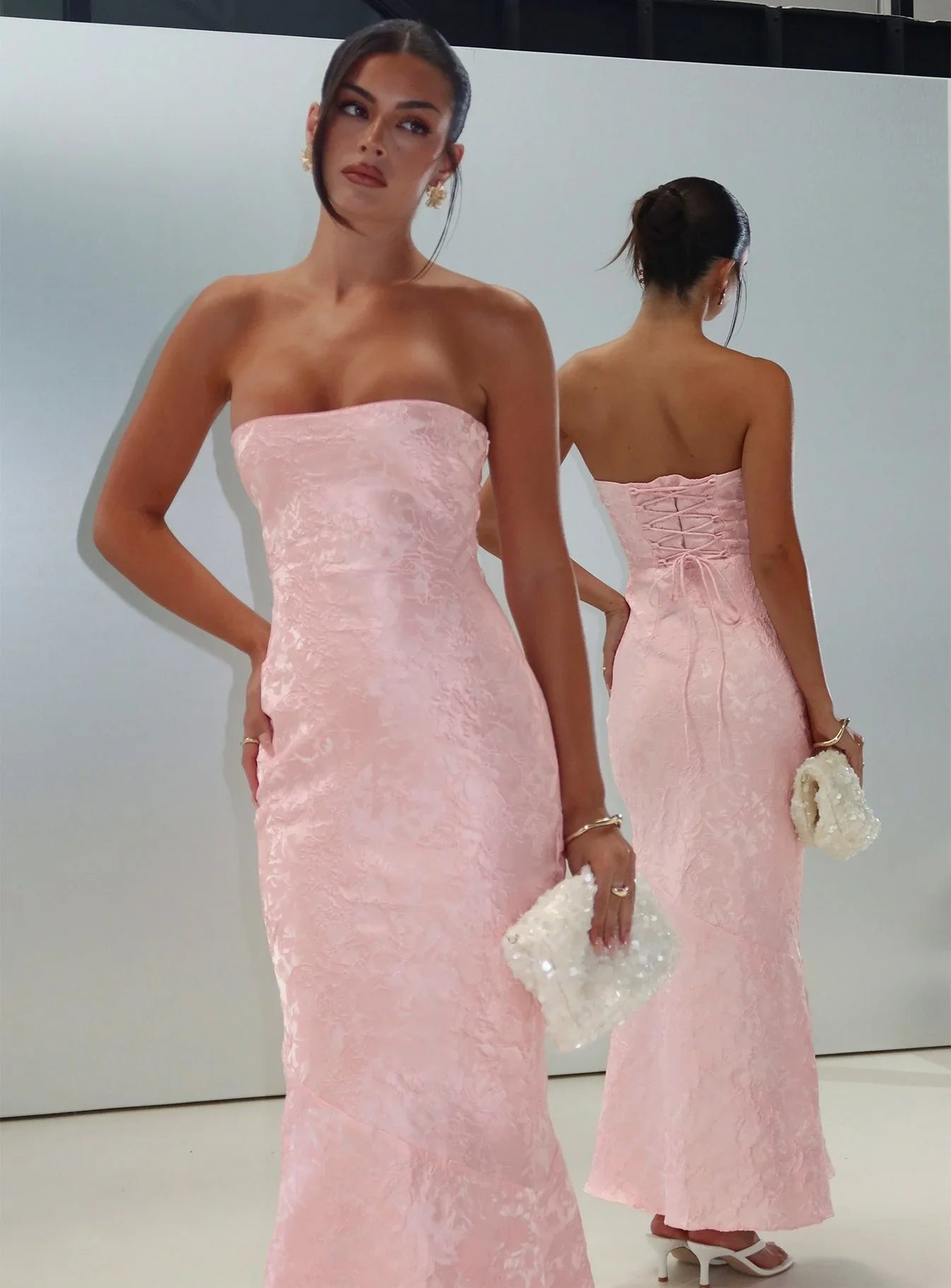 Lips Are Sealed Strapless Lace Up Back Maxi Dress Pink