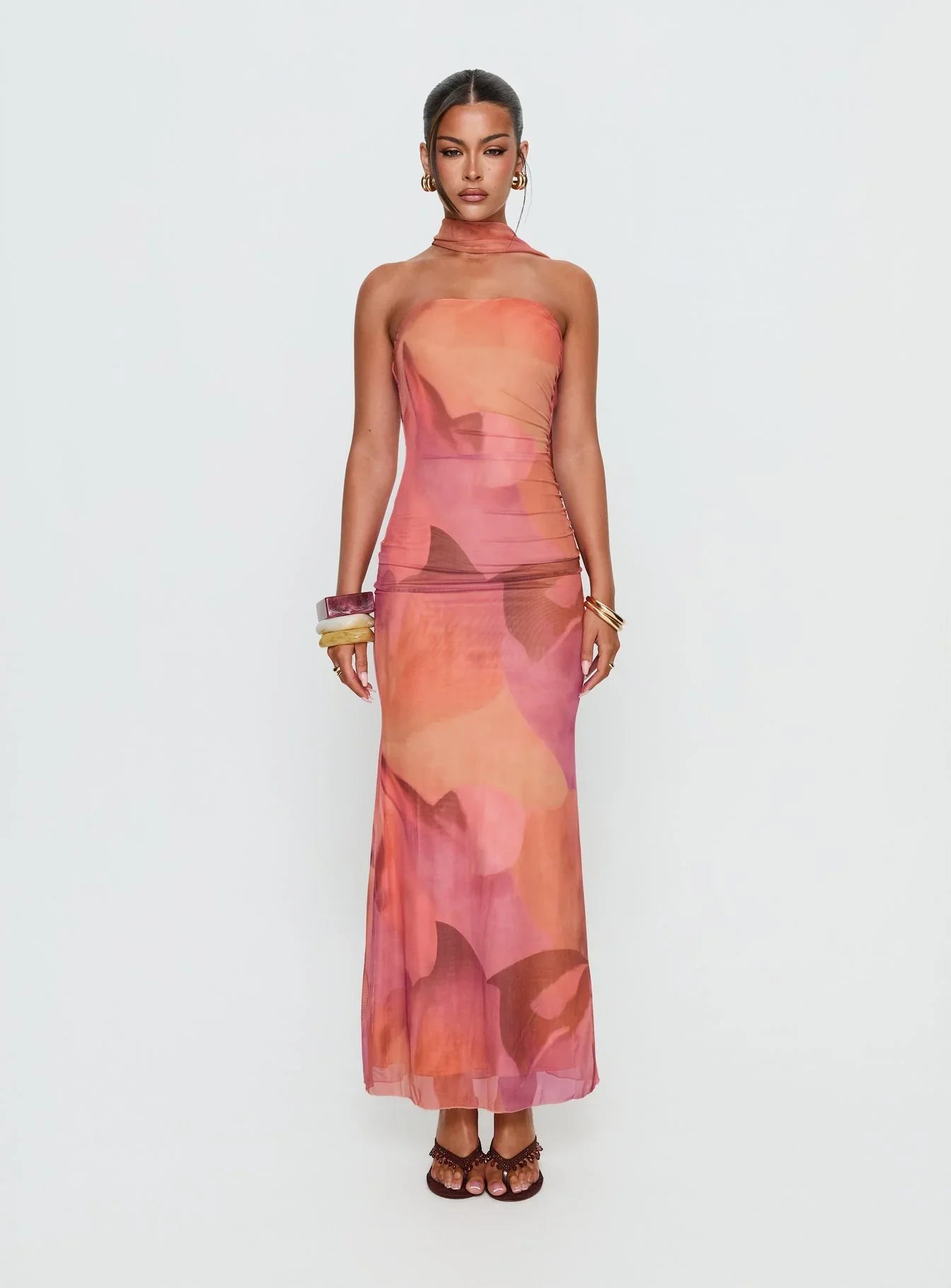Davynn Scarf Detail Strapless Maxi Dress Pink Multi