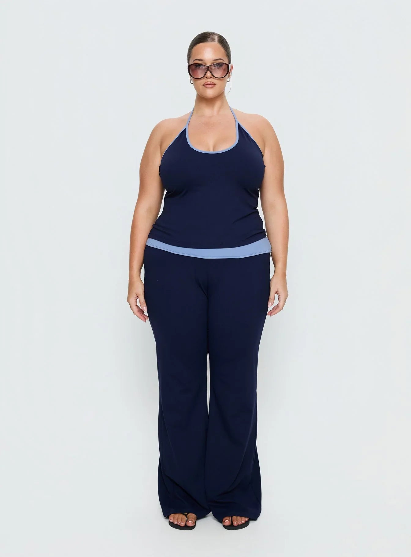 Kobee Jersey Flare Pants Navy Light Blue Curve