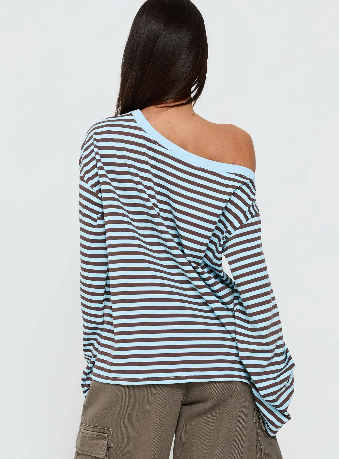Settle Down One Shoulder Long Sleeve Top Chocolate Blue Stripe