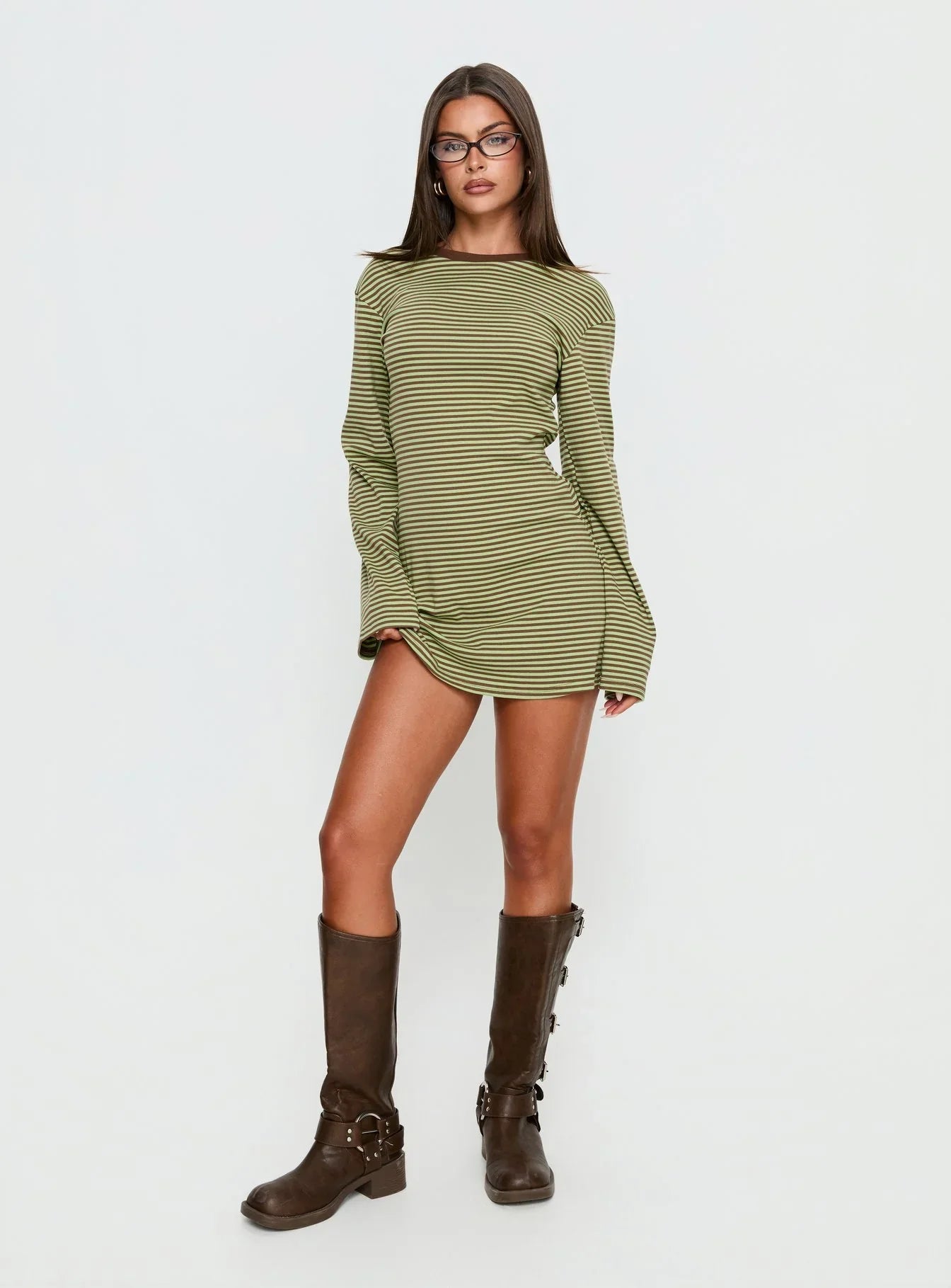 Lulolah Long Sleeve Mini Dress Green Chocolate Stripe