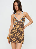 Mishie Halter Mini Dress Brown Blue Floral
