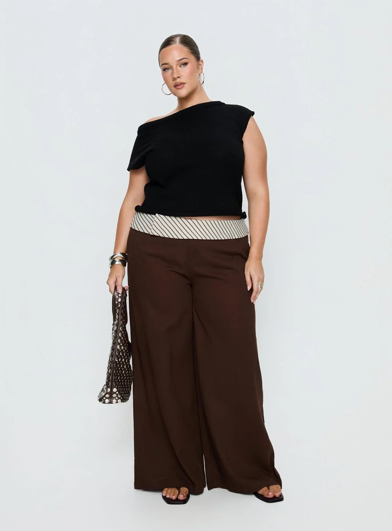 Past Life Fold Over Waistband Pant Brown Stripe Curve