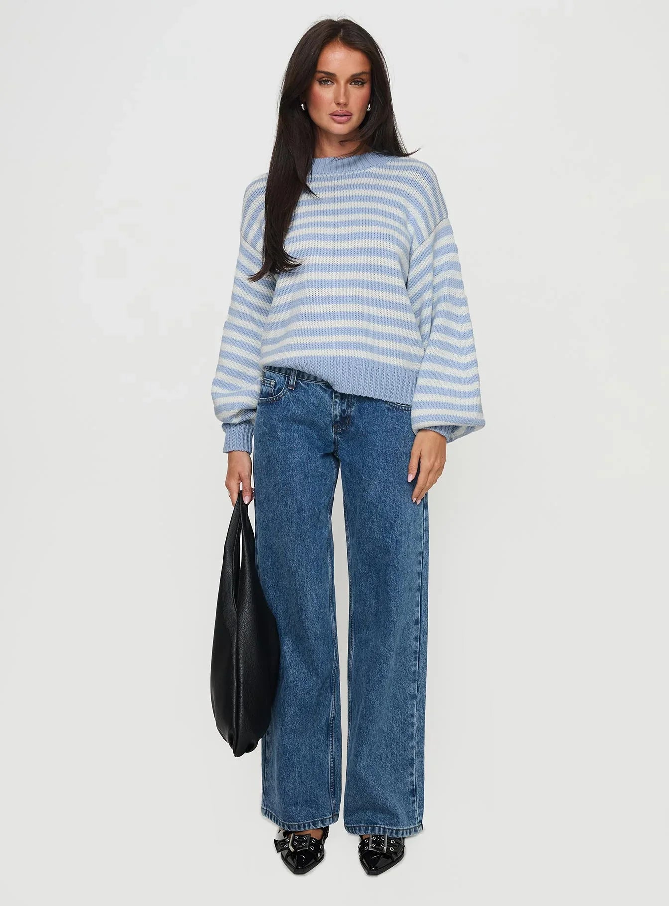 Harmony Balloon Sleeve Knit Sweater Blue White Stripe