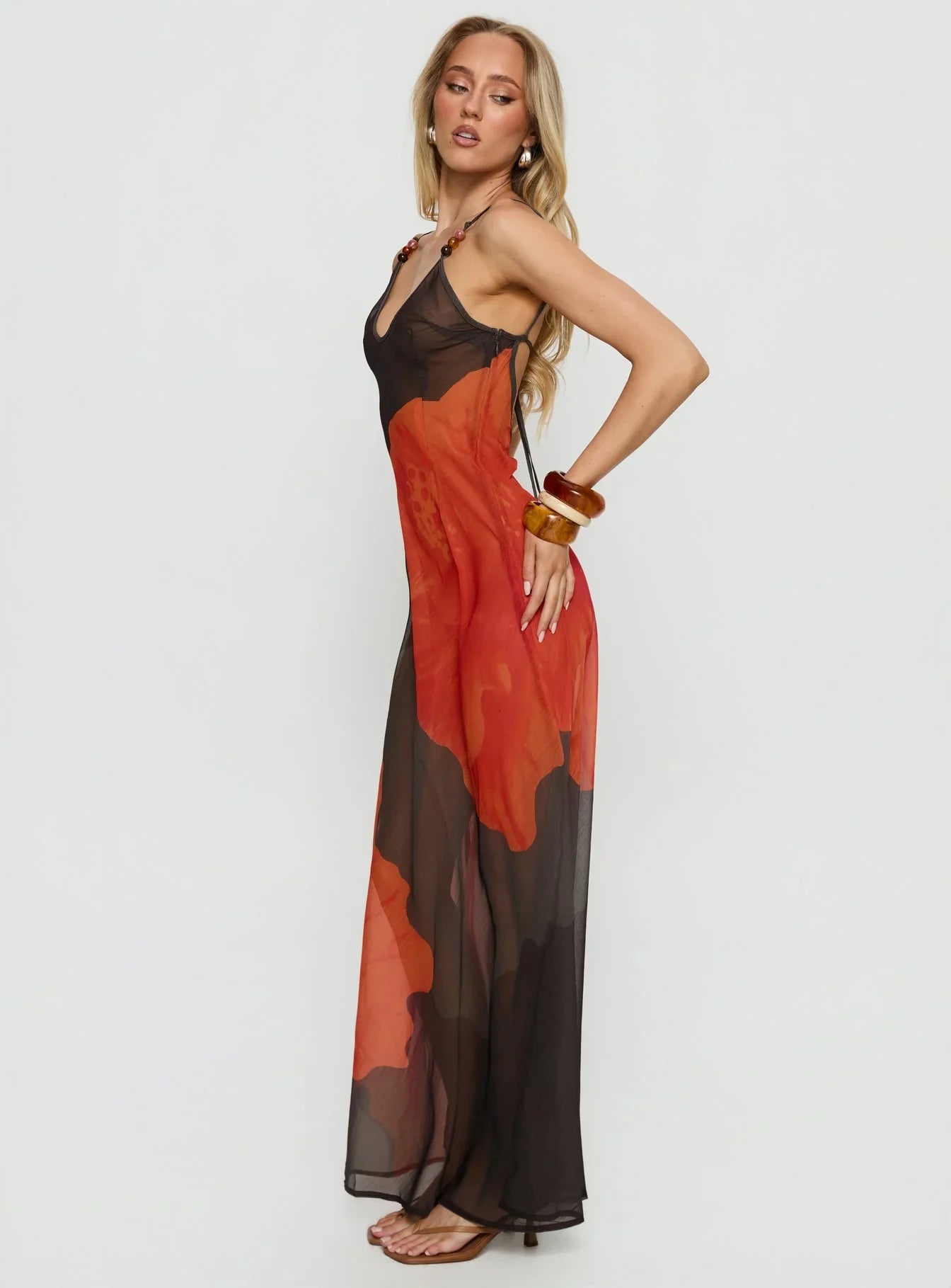 Carita Sheer Chiffon Maxi Dress Brown Orange Floral