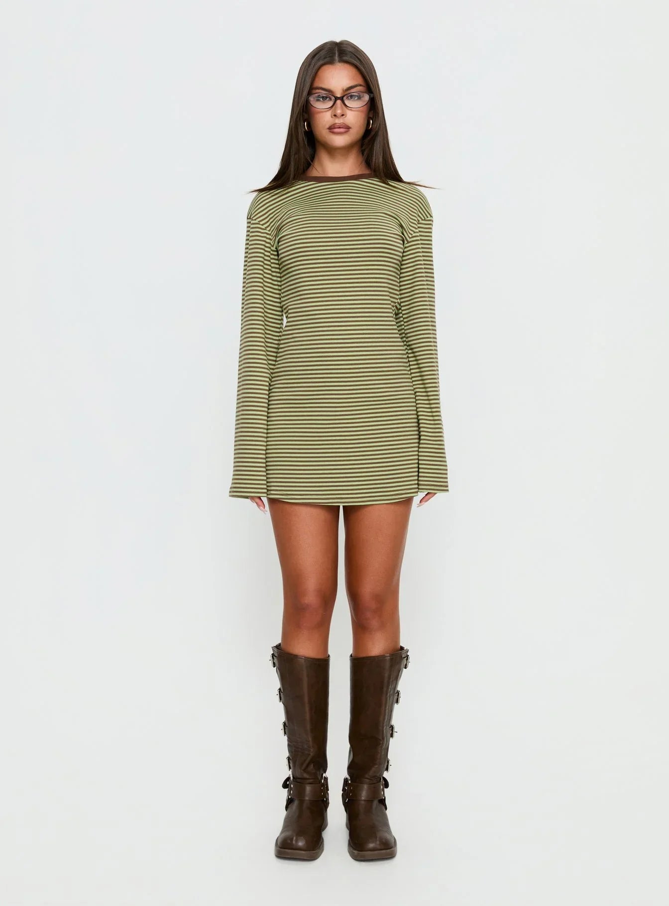 Lulolah Long Sleeve Mini Dress Green Chocolate Stripe