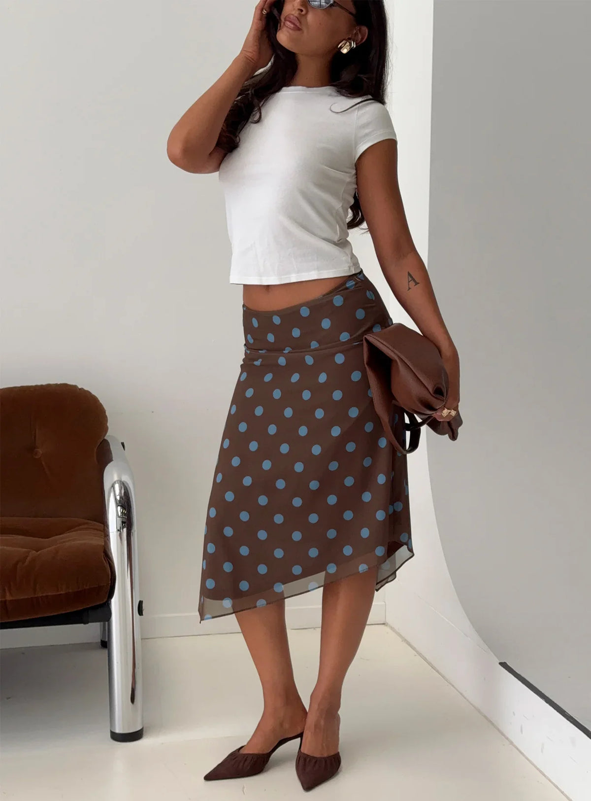Daphene Asymmetrical Midi Skirt Brown Blue Polka Dot