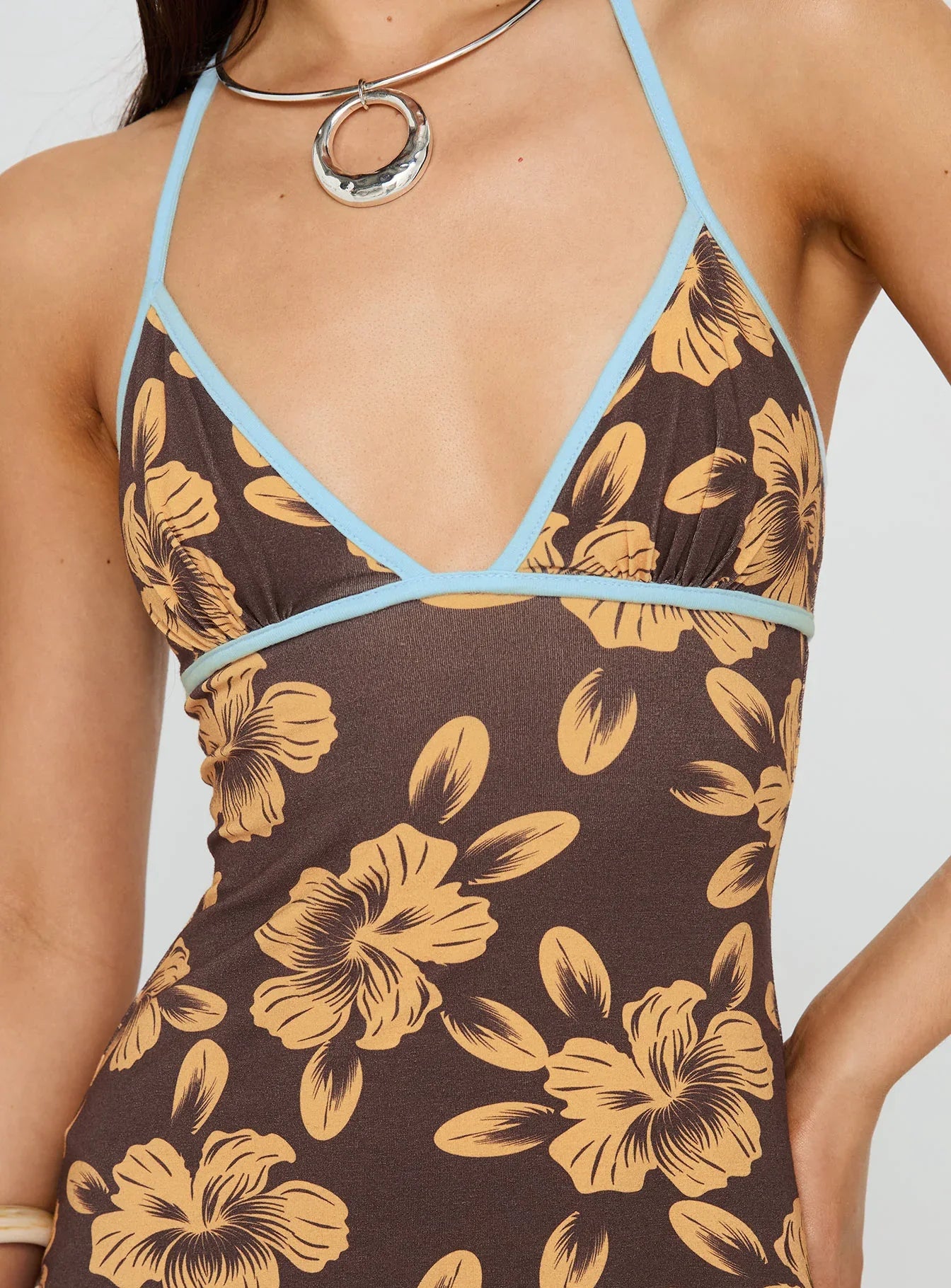 Mishie Halter Mini Dress Brown Blue Floral