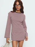Lulolah Long Sleeve Mini Dress Chocolate Pink Stripe