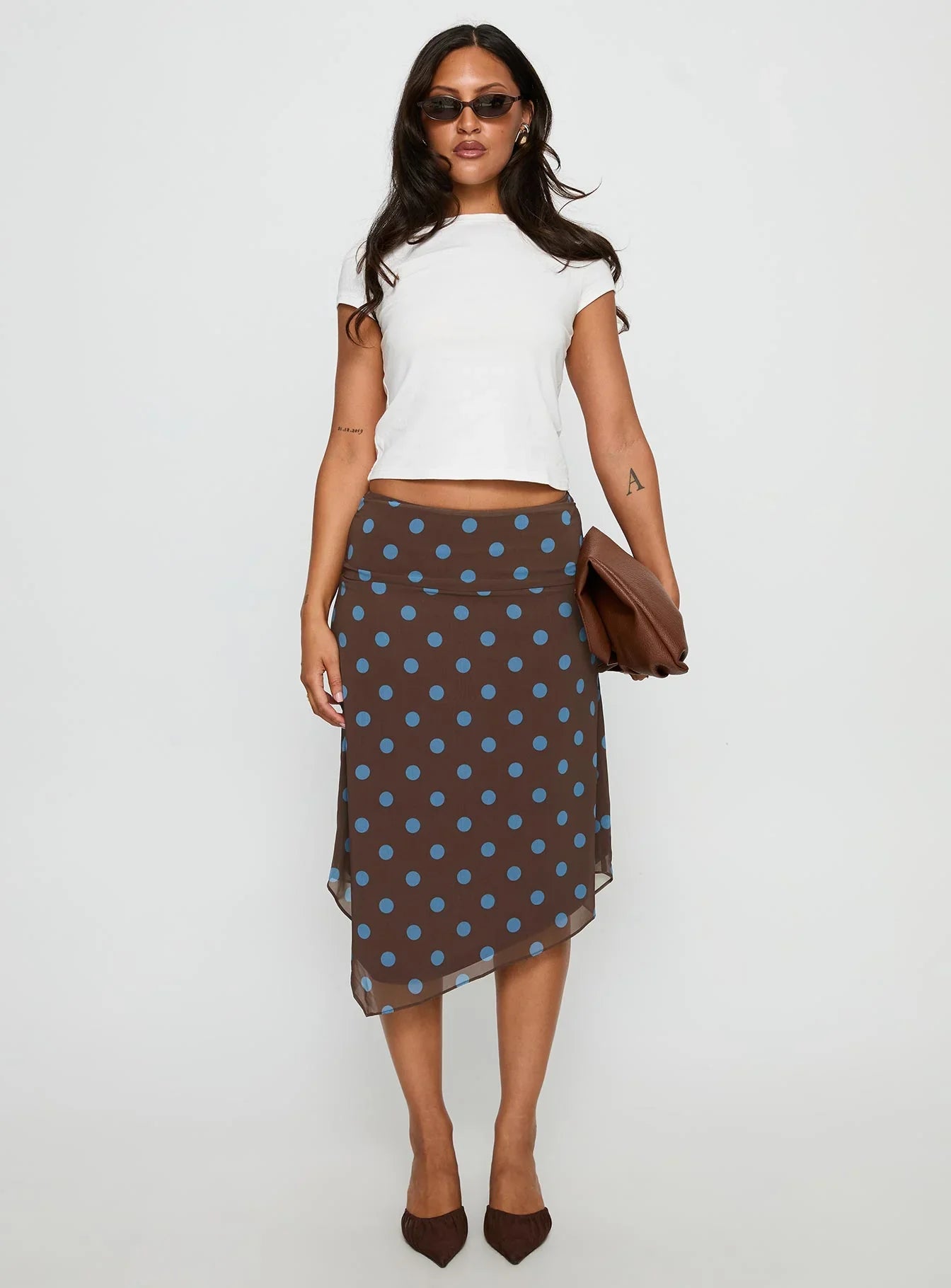 Daphene Asymmetrical Midi Skirt Brown Blue Polka Dot