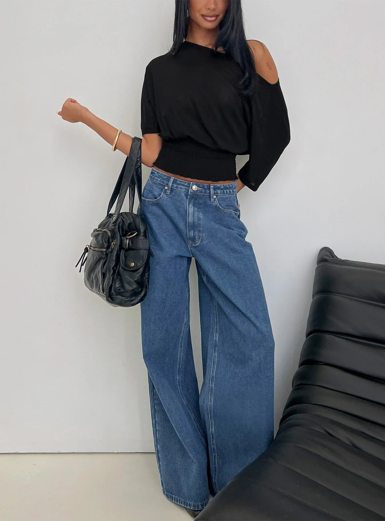 Naylor Mid Rise Wide Leg Jeans Mid Blue Wash