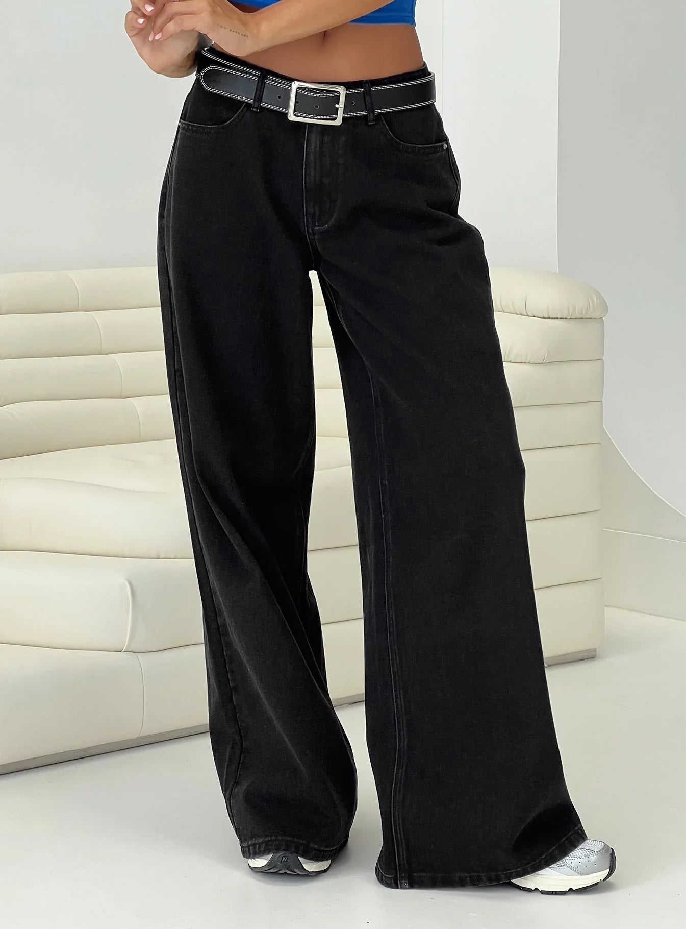 Naylor Mid Rise Wide Leg Jeans Washed Black Denim