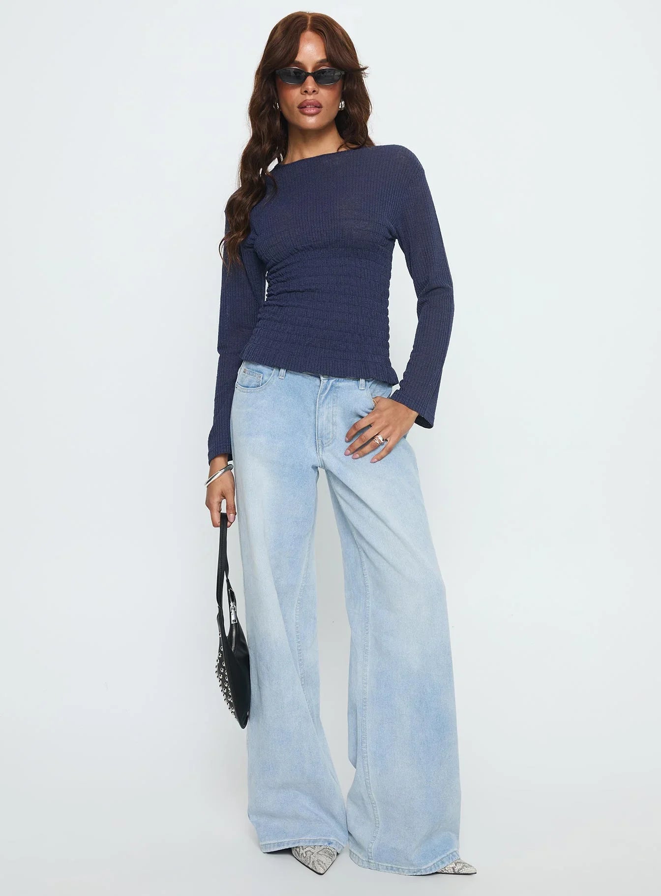 Bradly Shirred Long Sleeve Top Navy