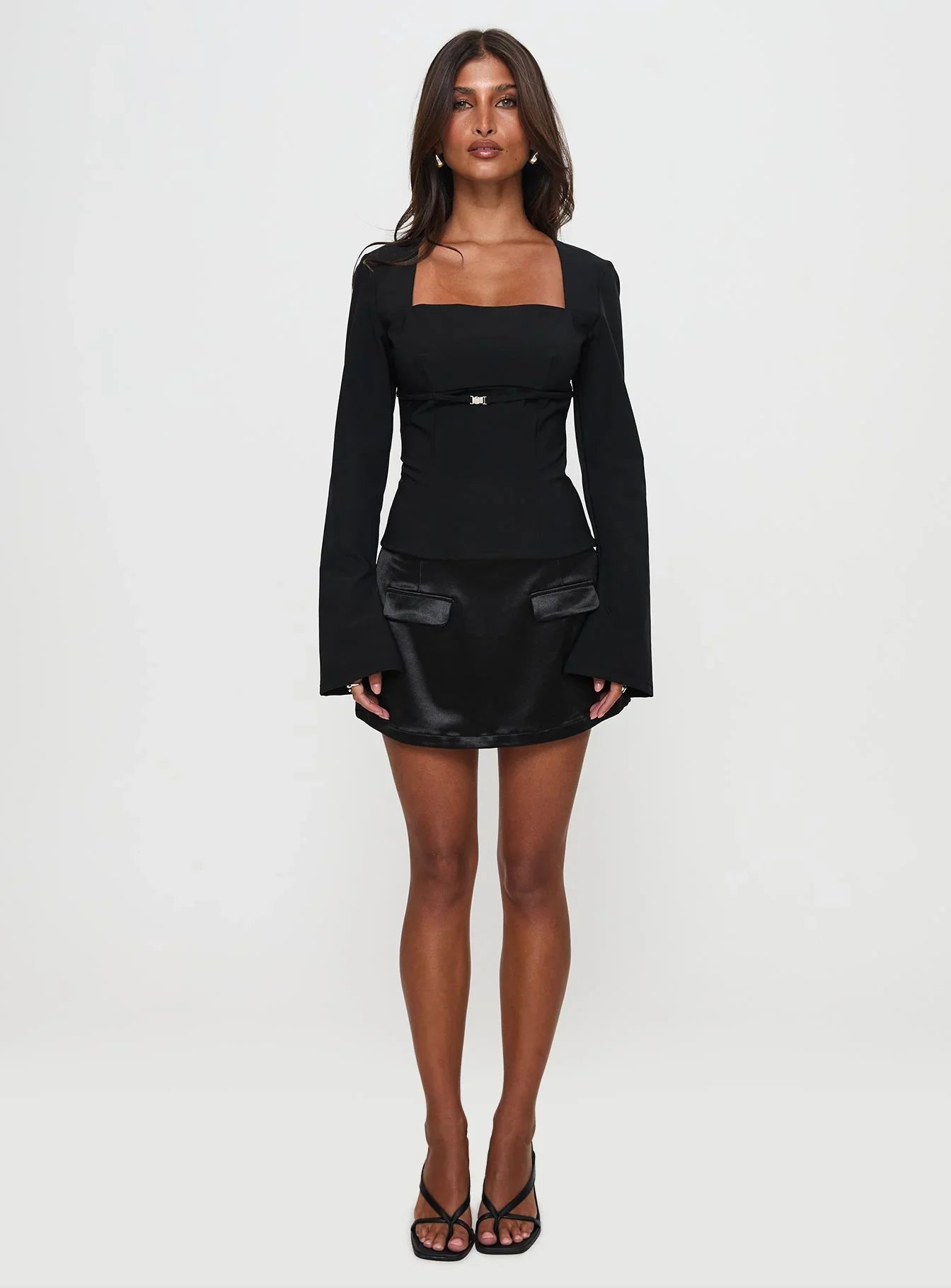 Flounce Long Sleeve Top Black