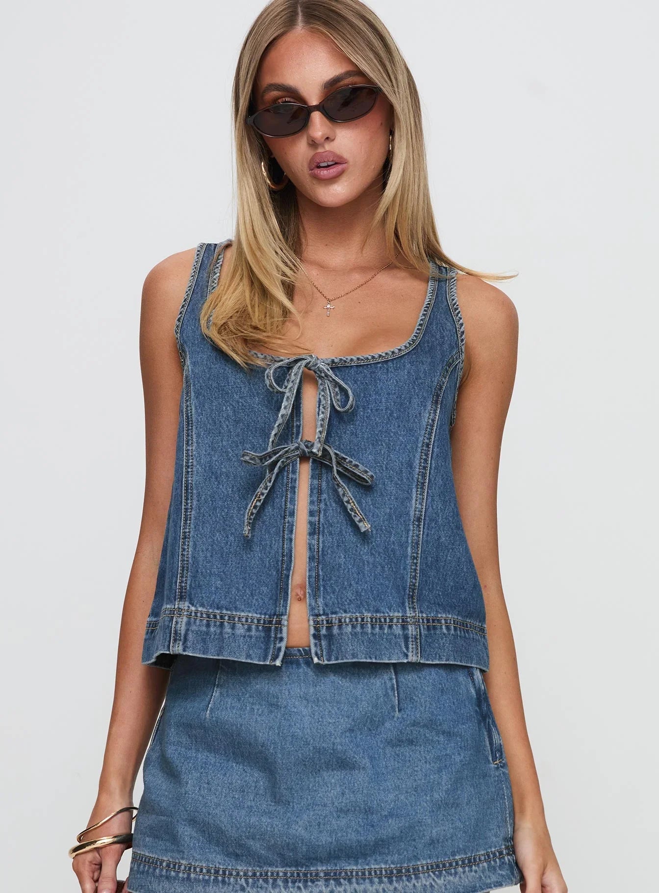 Stefenie Denim Tie Top Mid Wash