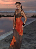 Carita Sheer Chiffon Maxi Dress Brown Orange Floral