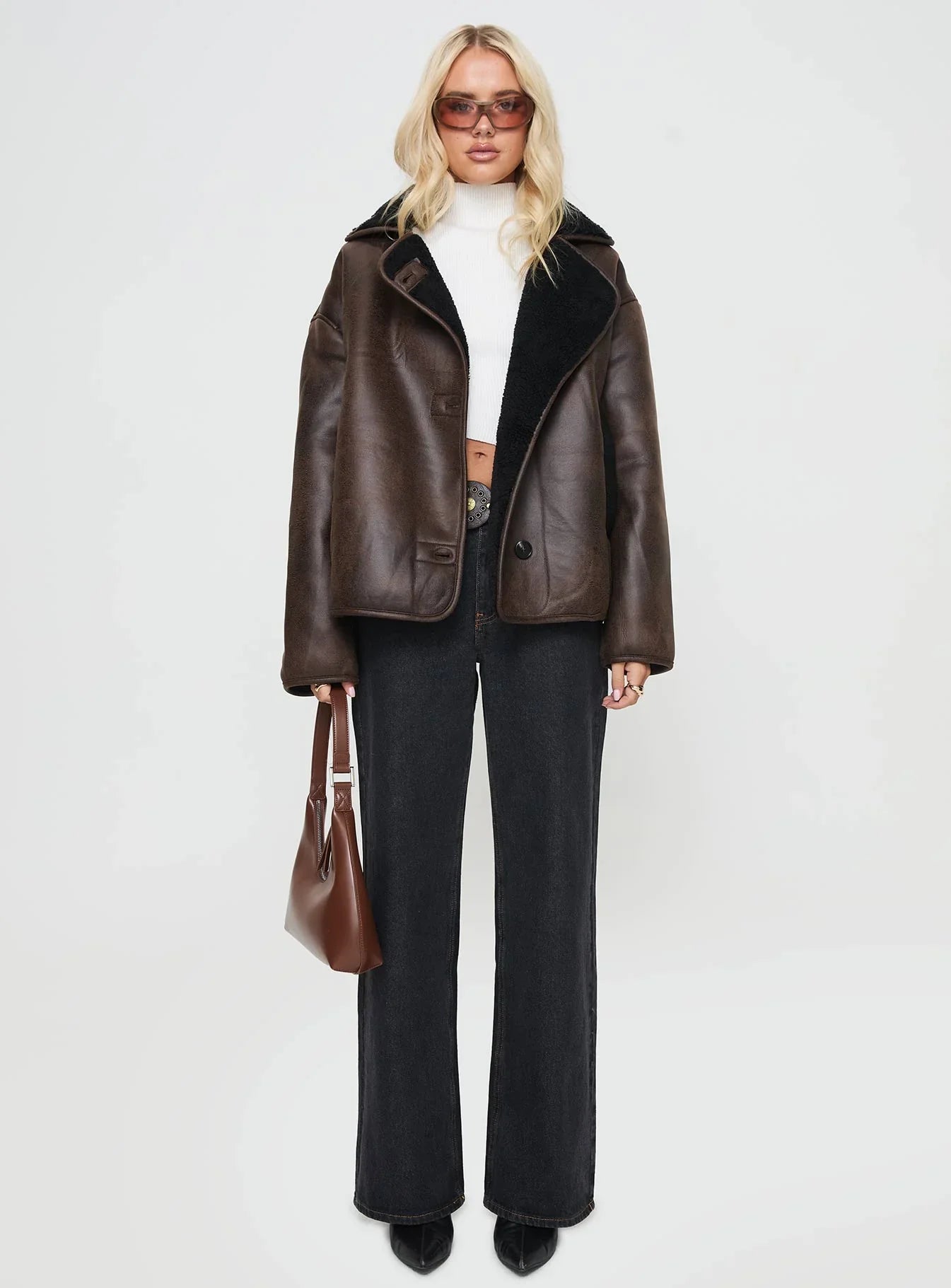 Nunez Faux Leather Jacket Washed Brown Black