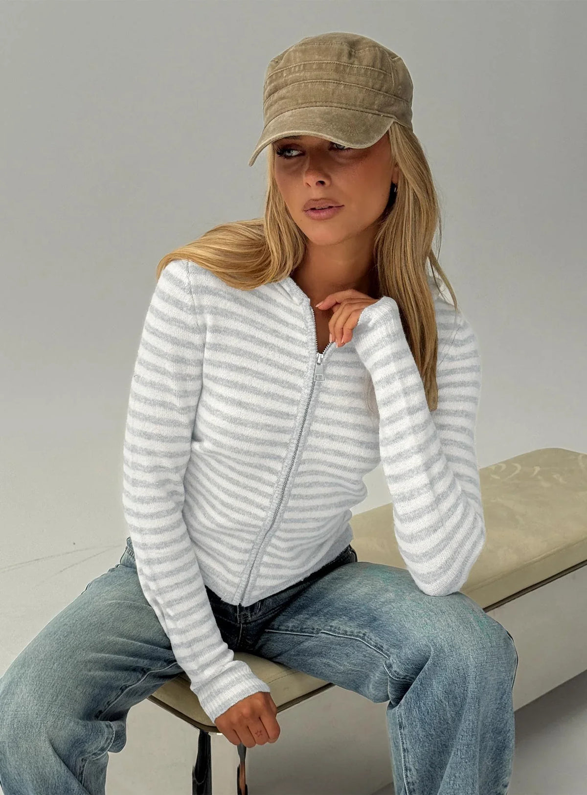 Superstars Zip Through Hoodie Grey Cream Stripe
